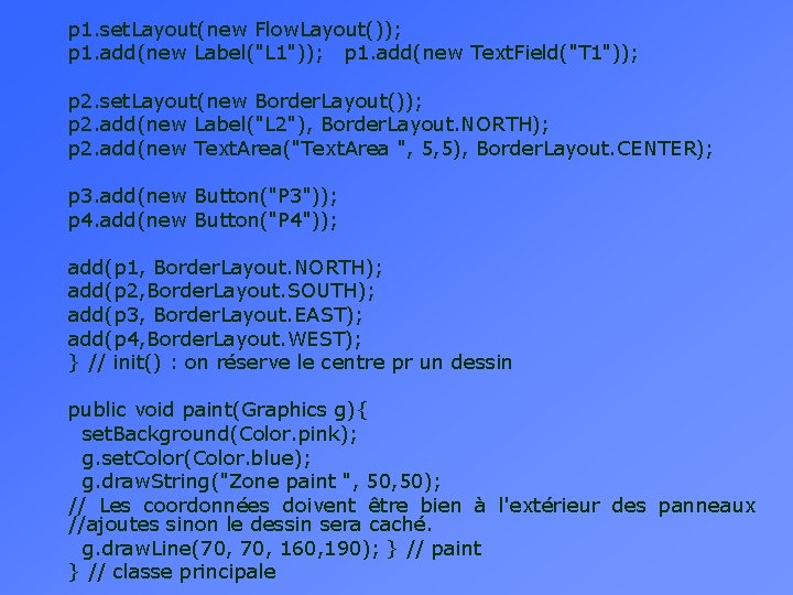 p 1. set. Layout(new Flow. Layout()); p 1. add(new Label("L 1")); p 1. add(new p 1. set. Layout(new Flow. Layout()); p 1. add(new Label("L 1")); p 1. add(new