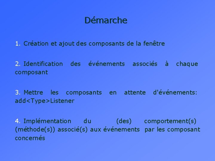 Démarche 1. Création et ajout des composants de la fenêtre 2. Identification des événements