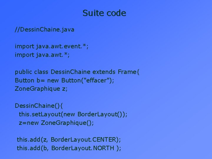 Suite code //Dessin. Chaine. java import java. awt. event. *; import java. awt. *;