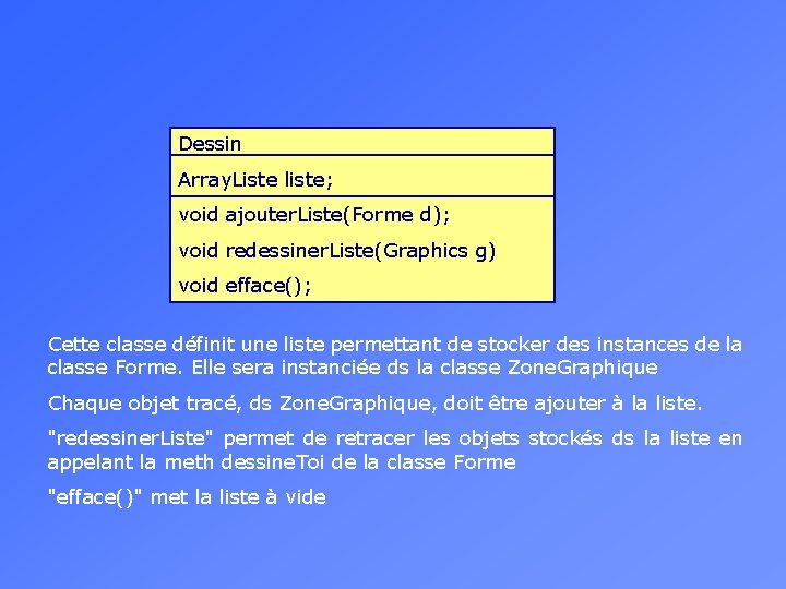 Dessin Array. Liste liste; void ajouter. Liste(Forme d); void redessiner. Liste(Graphics g) void efface();