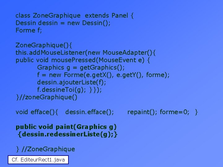 class Zone. Graphique extends Panel { Dessin dessin = new Dessin(); Forme f; Zone.