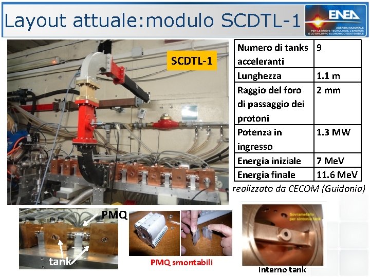 Layout attuale: modulo SCDTL-1 Numero di tanks 9 acceleranti Lunghezza 1. 1 m Raggio