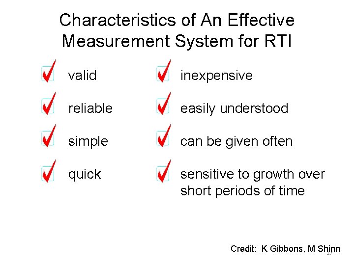 Characteristics of An Effective Measurement System for RTI valid inexpensive reliable easily understood simple