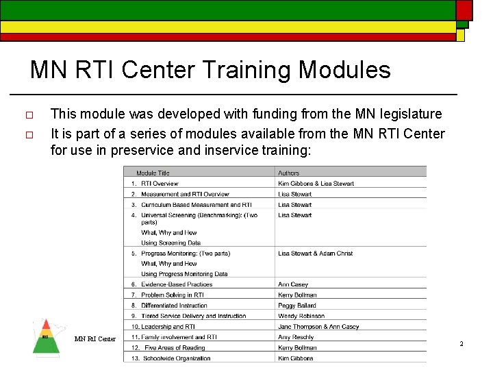 MN RTI Center Training Modules o o This module was developed with funding from