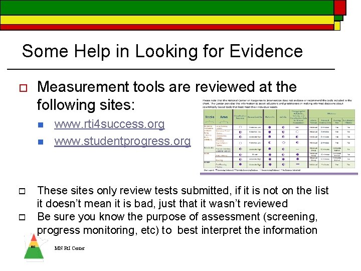 Some Help in Looking for Evidence o Measurement tools are reviewed at the following