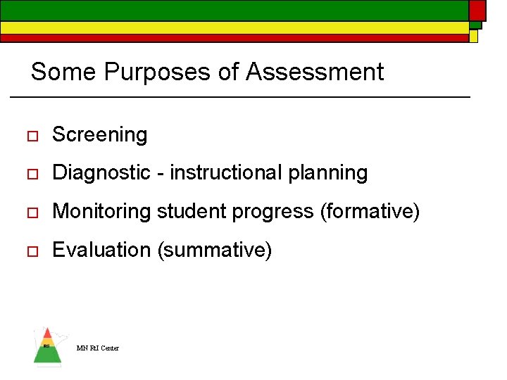 Some Purposes of Assessment o Screening o Diagnostic - instructional planning o Monitoring student