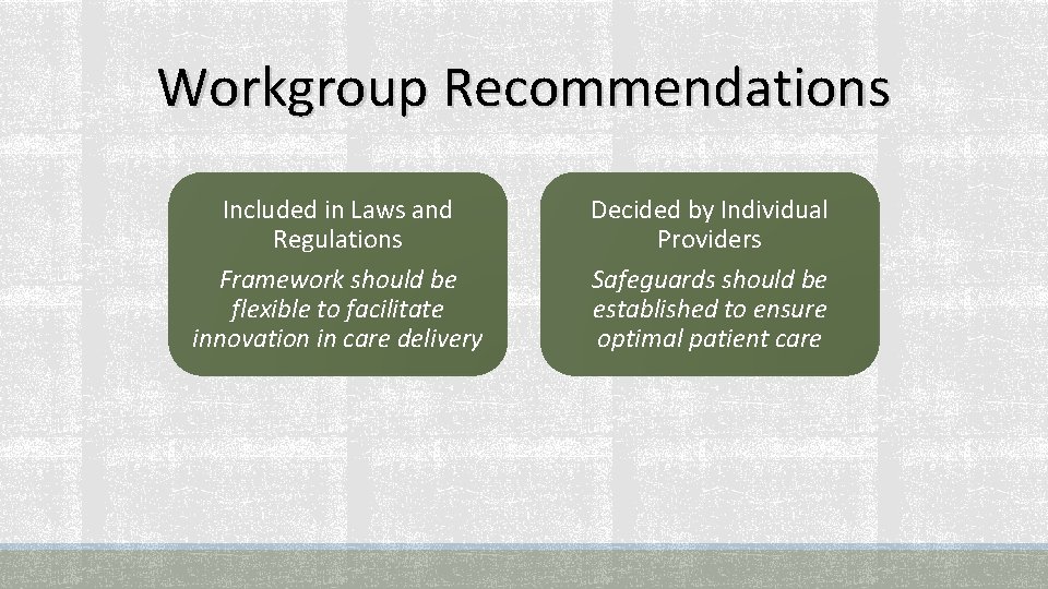 Workgroup Recommendations Included in Laws and Regulations Framework should be flexible to facilitate innovation
