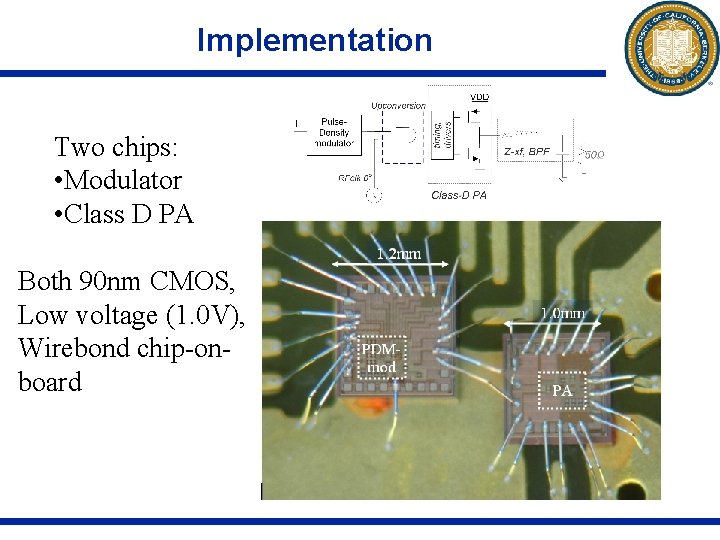 Implementation Two chips: • Modulator • Class D PA Both 90 nm CMOS, Low