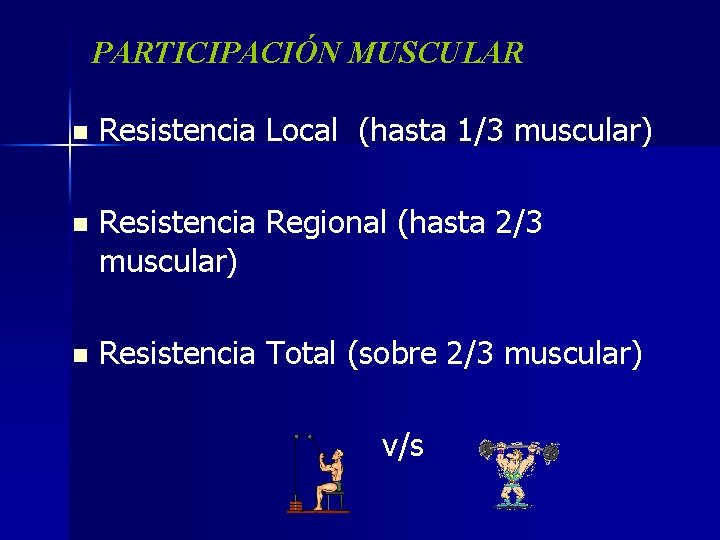 PARTICIPACIÓN MUSCULAR n Resistencia Local (hasta 1/3 muscular) n Resistencia Regional (hasta 2/3 muscular)