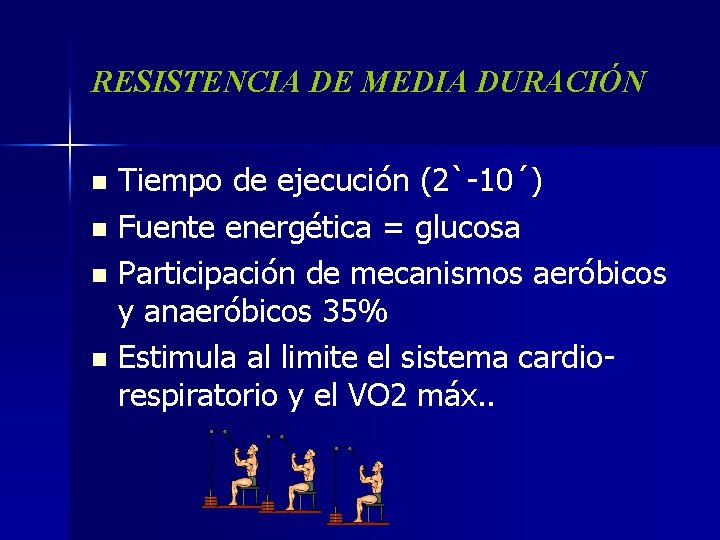 RESISTENCIA DE MEDIA DURACIÓN Tiempo de ejecución (2`-10´) n Fuente energética = glucosa n