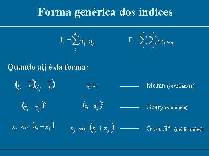 Forma genérica dos índices n n n i j G = å å wij