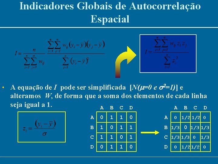 Indicadores Globais de Autocorrelação Espacial • A equação de I pode ser simplificada [N(m=0