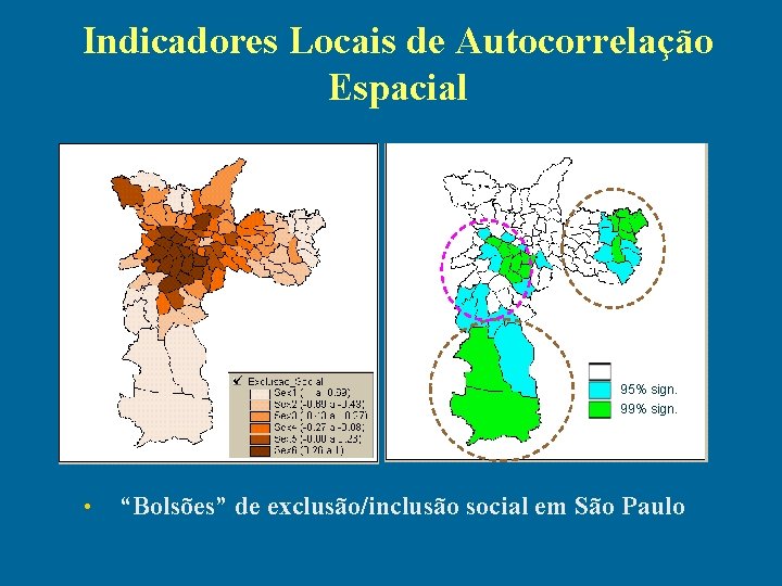 Indicadores Locais de Autocorrelação Espacial não signif. 95% sign. 99% sign. • “Bolsões” de