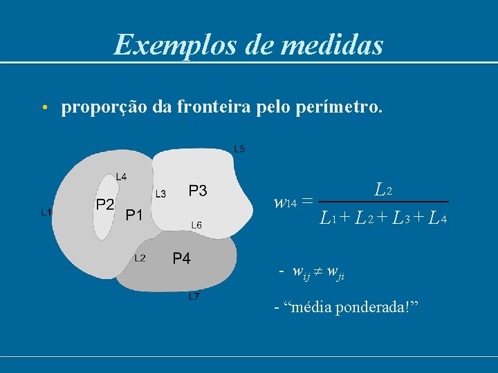 Exemplos de medidas • proporção da fronteira pelo perímetro. L 2 w 14 =