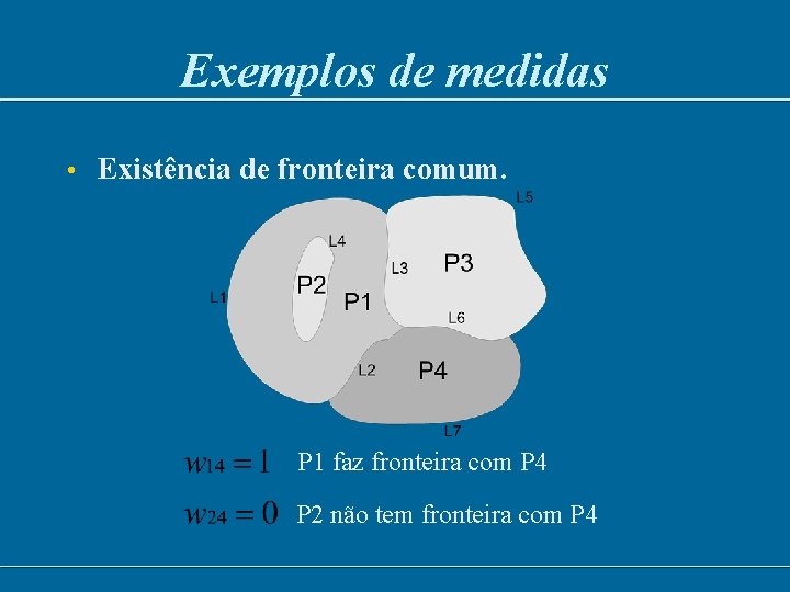 Exemplos de medidas • Existência de fronteira comum. P 1 faz fronteira com P