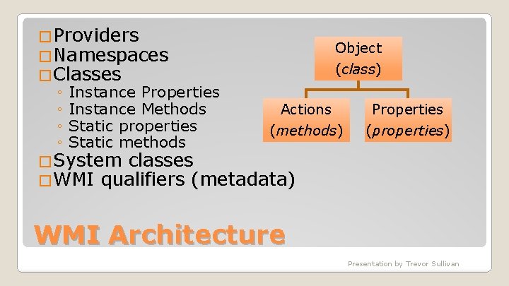�Providers Object �Namespaces (class) �Classes ◦ Instance Properties Actions ◦ Instance Methods Properties ◦