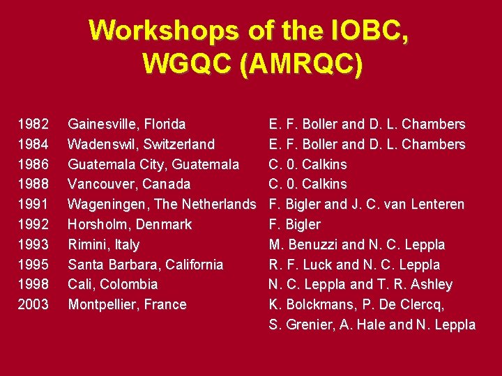Workshops of the IOBC, WGQC (AMRQC) 1982 1984 1986 1988 1991 1992 1993 1995 Workshops of the IOBC, WGQC (AMRQC) 1982 1984 1986 1988 1991 1992 1993 1995