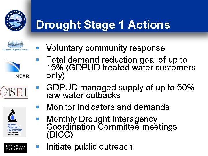 Drought Stage 1 Actions § Voluntary community response § Total demand reduction goal of Drought Stage 1 Actions § Voluntary community response § Total demand reduction goal of