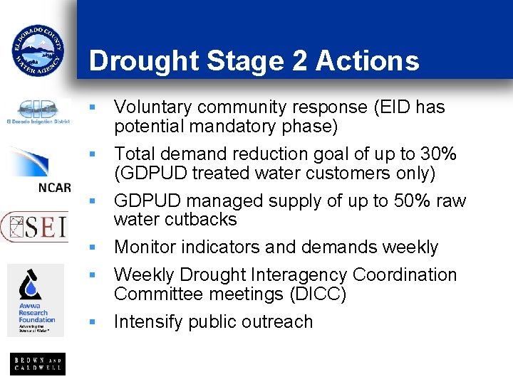Drought Stage 2 Actions § Voluntary community response (EID has potential mandatory phase) §