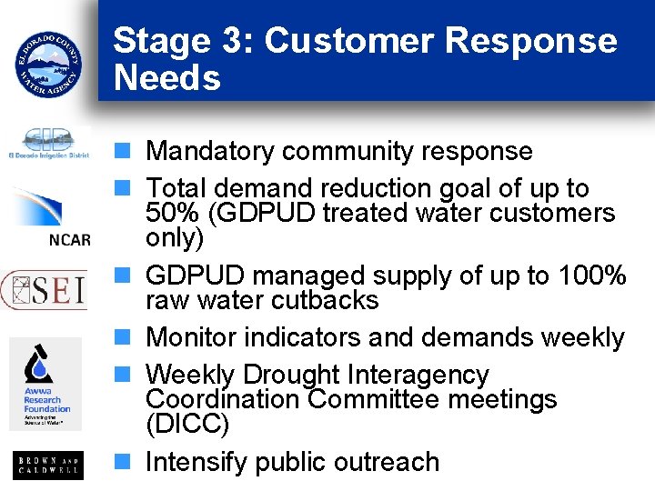 Stage 3: Customer Response Needs n Mandatory community response n Total demand reduction goal