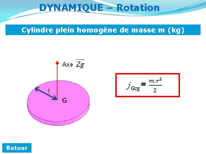 DYNAMIQUE – Rotation Cylindre plein homogène de masse m (kg) Retour 