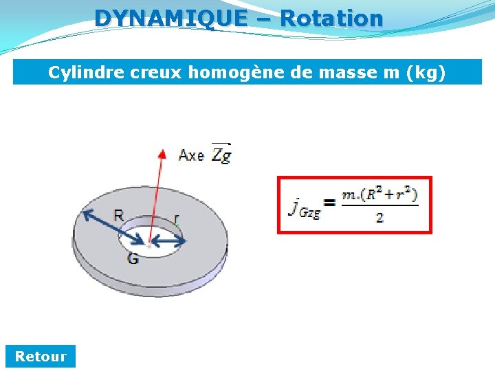 DYNAMIQUE – Rotation Cylindre creux homogène de masse m (kg) Retour 