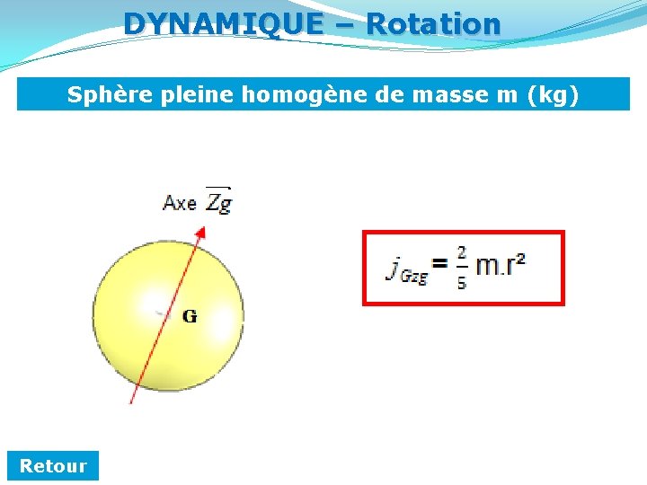 DYNAMIQUE – Rotation Sphère pleine homogène de masse m (kg) Retour 