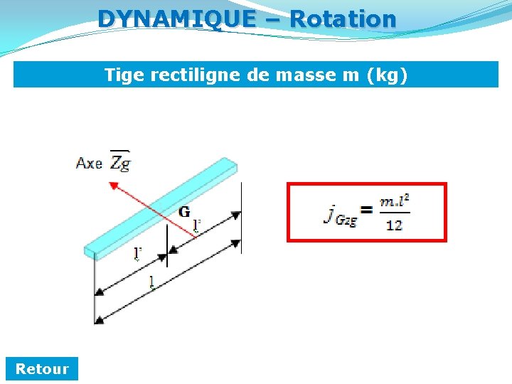 DYNAMIQUE – Rotation Tige rectiligne de masse m (kg) Retour 