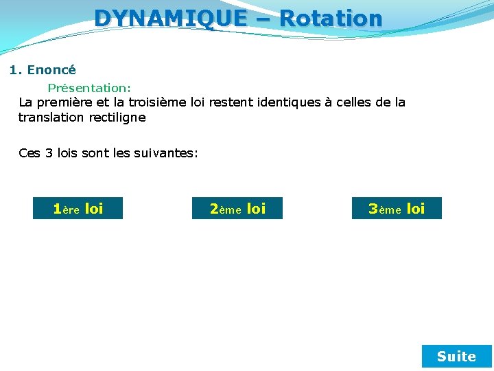 DYNAMIQUE – Rotation 1. Enoncé Présentation: La première et la troisième loi restent identiques