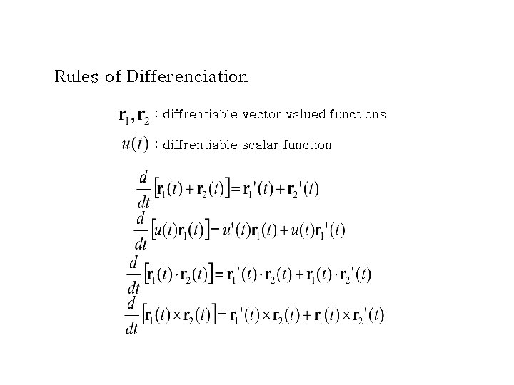 Rules of Differenciation : diffrentiable vector valued functions : diffrentiable scalar function Rules of Differenciation : diffrentiable vector valued functions : diffrentiable scalar function