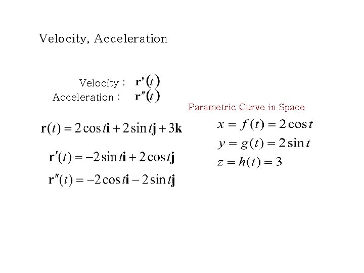 Velocity, Acceleration Velocity : Acceleration : Parametric Curve in Space Velocity, Acceleration Velocity : Acceleration : Parametric Curve in Space