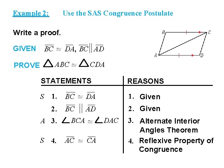 EXAMPLE Example 2: 2 Use the SAS Congruence Postulate Write a proof. GIVEN BC