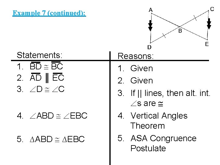 Example 7 (continued): Statements: 1. BD BC 2. AD ║ EC 3. D C