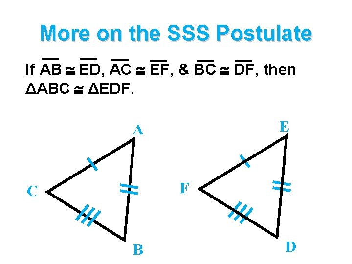 More on the SSS Postulate If AB ED, AC EF, & BC DF, then