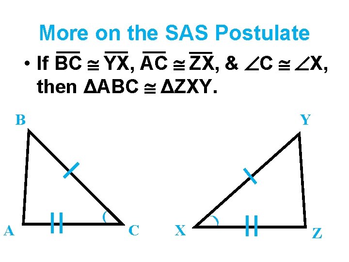 More on the SAS Postulate • If BC YX, AC ZX, & C X,