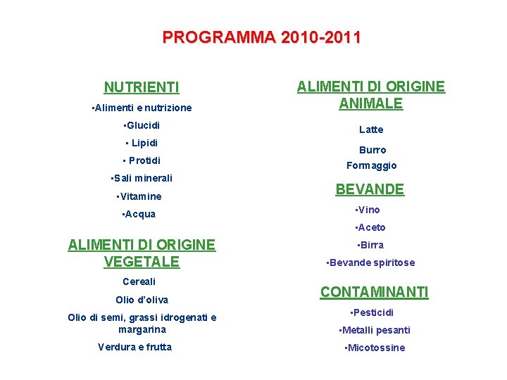 PROGRAMMA 2010 -2011 NUTRIENTI • Alimenti e nutrizione • Glucidi • Lipidi • Protidi