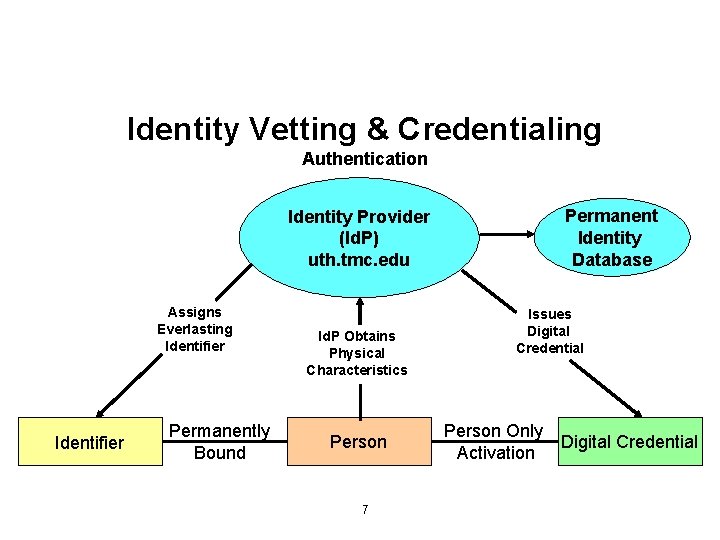 Identity Vetting & Credentialing Authentication Permanent Identity Database Identity Provider (Id. P) uth. tmc.