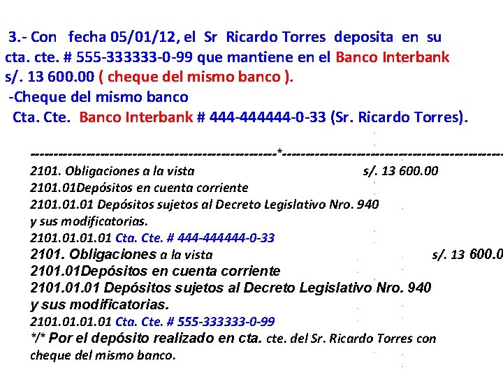 3. - Con fecha 05/01/12, el Sr Ricardo Torres deposita en su cta. cte.