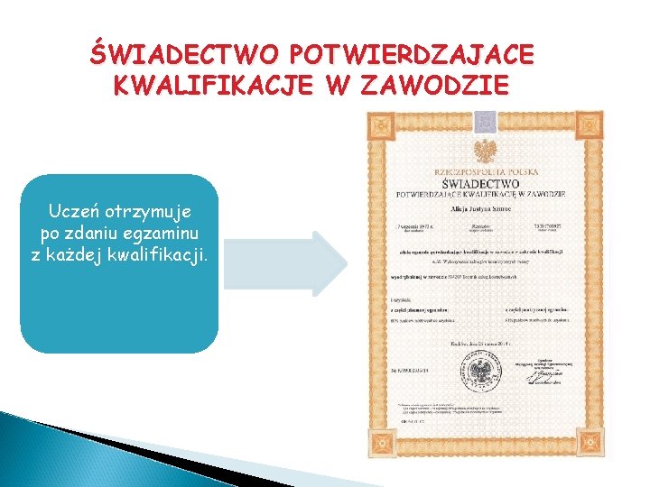 ŚWIADECTWO POTWIERDZAJACE KWALIFIKACJE W ZAWODZIE Uczeń otrzymuje po zdaniu egzaminu z każdej kwalifikacji. 