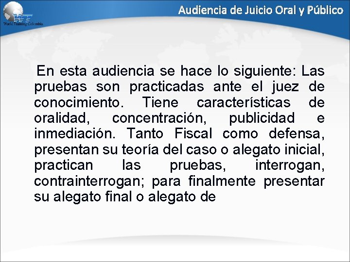 Audiencia de Juicio Oral y Público En esta audiencia se hace lo siguiente: Las