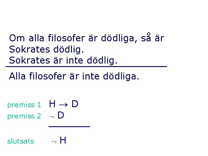 Om alla filosofer är dödliga, så är Sokrates dödlig. Sokrates är inte dödlig. Alla Om alla filosofer är dödliga, så är Sokrates dödlig. Sokrates är inte dödlig. Alla