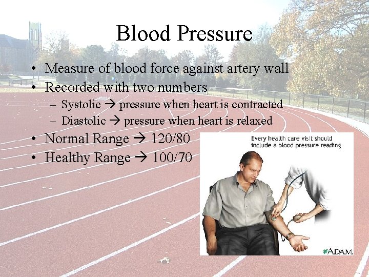 Blood Pressure • Measure of blood force against artery wall • Recorded with two