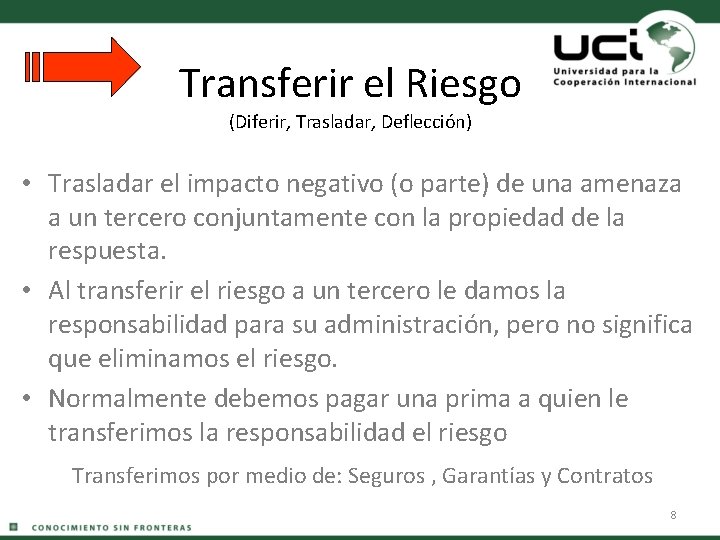 Transferir el Riesgo (Diferir, Trasladar, Deflección) • Trasladar el impacto negativo (o parte) de