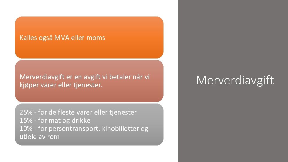 Kalles også MVA eller moms Merverdiavgift er en avgift vi betaler når vi kjøper