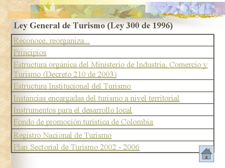 Ley General de Turismo (Ley 300 de 1996) Reconoce, reorganiza. . . Principios Estructura