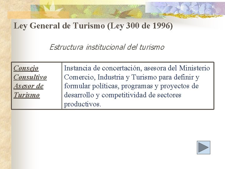 Ley General de Turismo (Ley 300 de 1996) Estructura institucional del turismo Consejo Consultivo