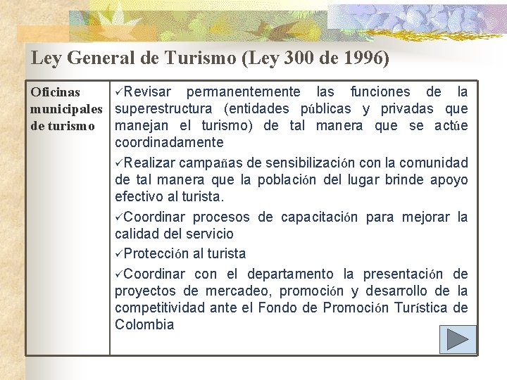 Ley General de Turismo (Ley 300 de 1996) Oficinas üRevisar permanentemente las funciones de