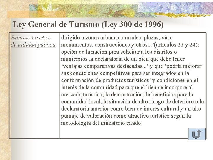 Ley General de Turismo (Ley 300 de 1996) Recurso turístico dirigido a zonas urbanas