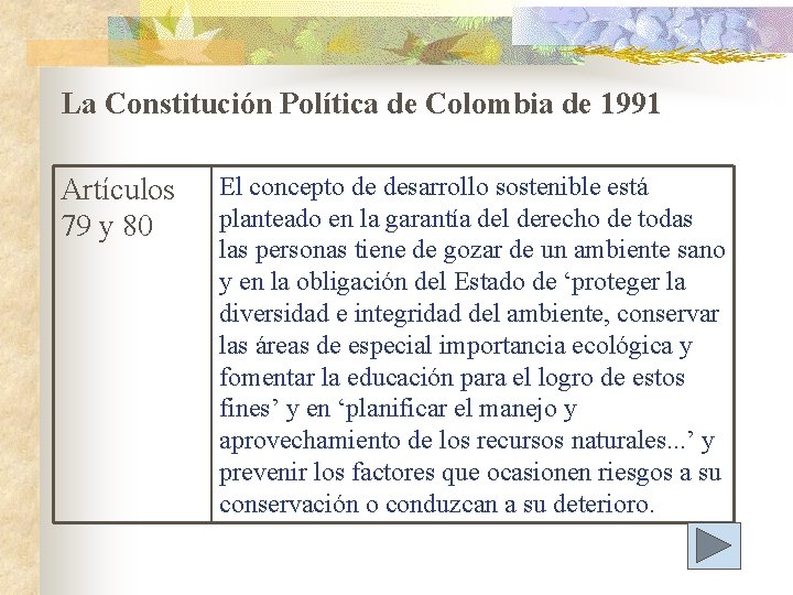 La Constitución Política de Colombia de 1991 Artículos 79 y 80 El concepto de