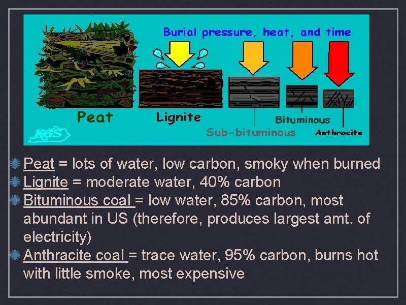 Peat = lots of water, low carbon, smoky when burned Lignite = moderate water,